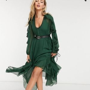 ASOS DESIGN _ drape ruffle midi dress with lace insert and tussle design